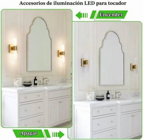 Vista 8 de Juego de 2 apliques de pared LED de cristal, lámparas de baño de oro cepillado, modernas luces de baño con LED con cable para dormitorio, sala