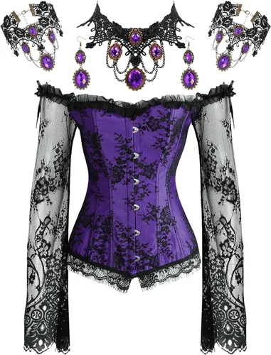 Vista 9 de Haysandy Conjunto de corsé gótico con mangas de encaje y pulsera Negro