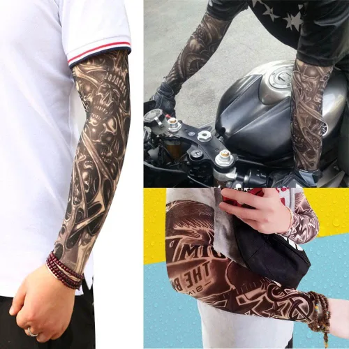 Vista 8 de Falsas mangas temporales de tatuaje resbalón en el brazo protector solar cuerpo arte brazo medias 5 piezas negro