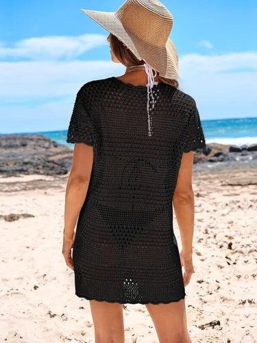 Vista 5 de ANRABESS Traje de baño de ganchillo para mujer, salida de baño de verano, traje de baño de punto, manga corta, vestido de playa