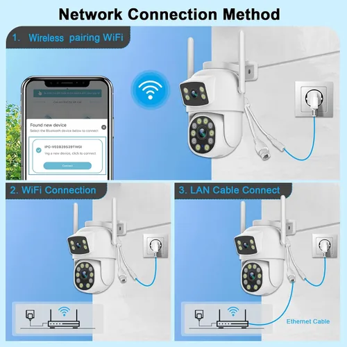Vista 7 de Cámara de seguridad para exteriores de doble lente 2K, panorámica/inclinación de 360°, cámaras de enlace inalámbrico WiFi 2.4G para seguridad