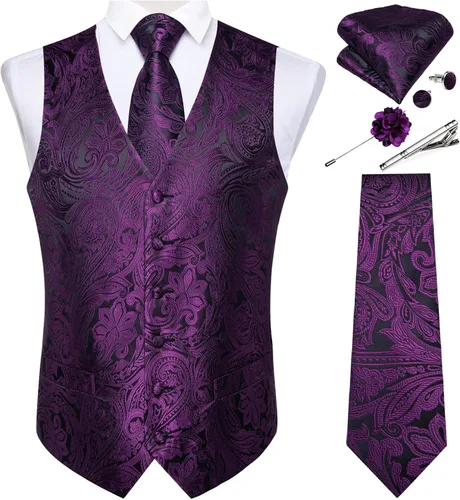 Vista 33 de DiBanGu Juego de chaleco y corbata para hombre, chaleco formal de cachemira y corbata con bolsillo cuadrado y gemelos, de seda, para traje o Verde
