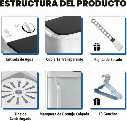 Vista 2 de Lavadora portátil, mini compacta de 18 libras, lavadora de doble tina con estante de secado y 10 perchas, combo de lavadora (11 libras) y secadora