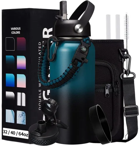 Vista 21 de Botella de agua aislada de 1 galón, con popote y tapa de pico automático, mango de paracord, funda para botella, botella de agua de acero inoxidable