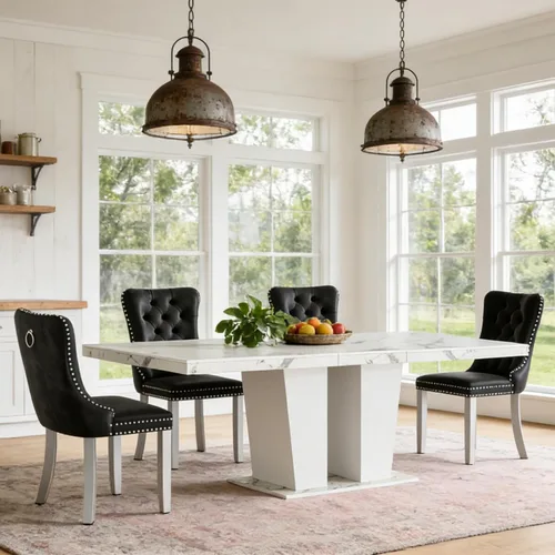 Vista 50 de Mesa de comedor extensible de 78.74 pulgadas para 6 8 y 10 pulgadas, moderna mesa de comedor extensible de granja con base de doble pedestal, mesa