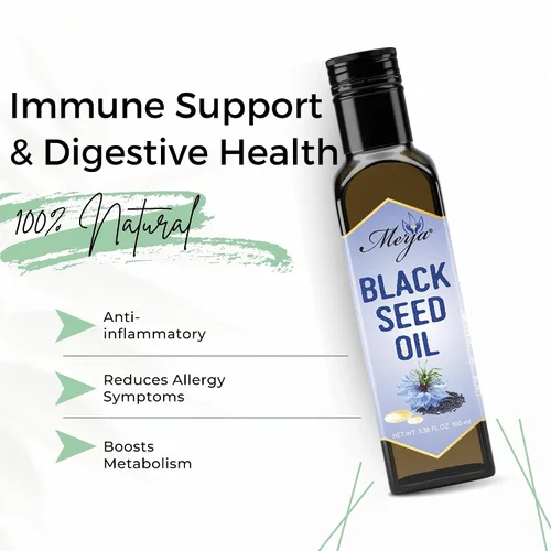 Vista 4 de Merja Aceite de semillas negras de hierbas 100% puro - para consumo - Semillas negras prensadas en frío - Apoyo inmunológico y salud digestiva