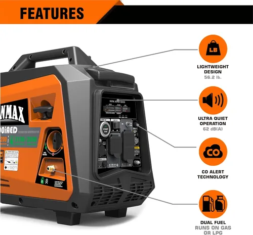 Vista 4 de GENMAX Generador inversor portátil, 3500 W súper silencioso con motor a gas o propano con capacidad paralela, arranque remoto/eléctrico, ideal