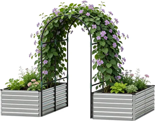 Vista 20 de Cama de jardín elevada con enrejado de arco para plantas trepadoras, cama de jardín elevada galvanizada, jardineras al aire libre para verduras