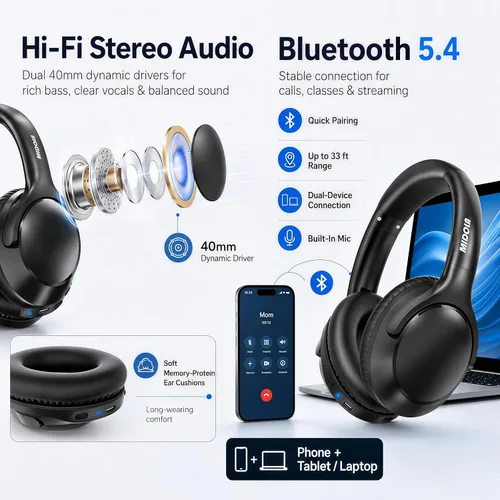Vista 9 de MIDOLA - Auriculares Bluetooth sobre la oreja, auriculares inalámbricos de 68 horas de reproducción con micrófono, 6 modos de ecualización, graves