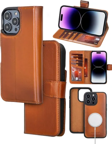 Vista 13 de Bayelon Funda para iPhone 14, funda de cuero de grano completo, [2 en 1], funda magnética desmontable con ranuras para tarjetas, soporte y función