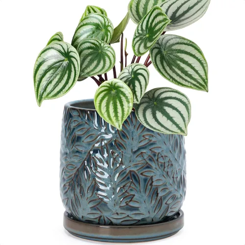 Vista 18 de D'vine Dev Maceta de gres con hojas en relieve de 4 pulgadas con orificio de drenaje y platillo, azul grafito, 27-A-Z-9 Nature-Inspired Leaf