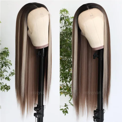 Vista 15 de Missyvan - Peluca de encaje frontal de color de cabello blanco, Pelucas de pelo largo y liso Rubio platino, Cabello de fibra resistente al calor