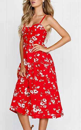 Vista 35 de Angashion - Vestido floral de verano estilo bohemio para mujer, con botones, bolsillos y tiras ajustables