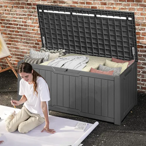 Vista 2 de DWVO Caja de almacenamiento al aire libre de 120 galones, resina resistente a la intemperie, versátil para muebles de patio, cojines de exterior