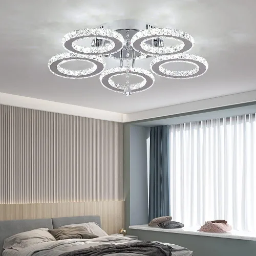 Vista 10 de Deckrico Moderno candelabro de cristal de montaje empotrado, lámpara de techo colgante de acero inoxidable de 3 anillos redondos para sala de estar