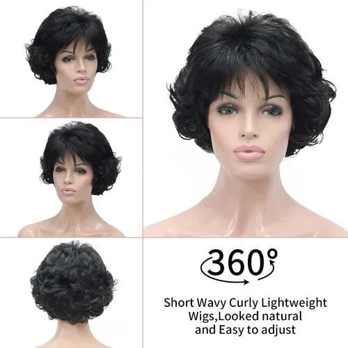 Vista 6 de Kalyss Peluca Corta Rizada Ondulada de 10" con Flequillo de Cabello Sintético Premium Resistente al Calor Pelucas Cortas con Aspecto de los Años 70