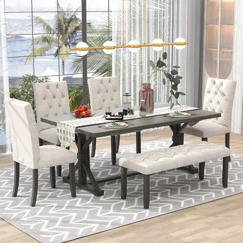 Vista 11 de Merax Juego de mesa de comedor de 6 piezas con banco, mesa rectangular de madera de 60 pulgadas con 4 sillas copetudas de respaldo alto y 1 banco