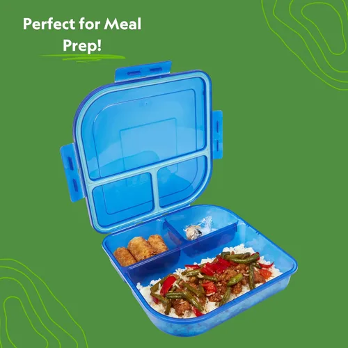 Vista 3 de MyGo Container - Contenedor grande para llevar de 3 compartimentos, 9-3/8" X 9-3/8" X 2-1/2", reutilizable, apto para microondas, azul