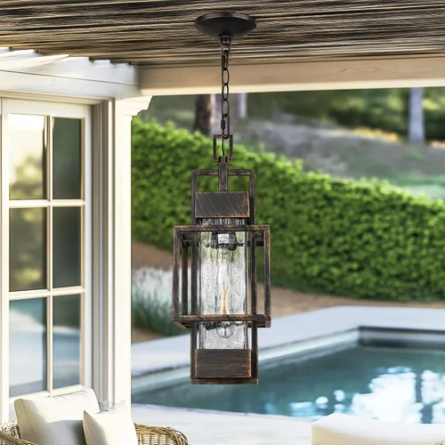 Vista 5 de Lámpara colgante de 15 pulgadas para interiores y exteriores, moderna lámpara de araña de metal negro para exteriores, lámpara de techo con vidrio