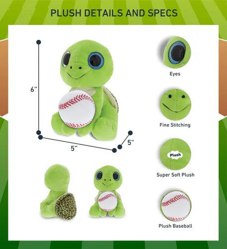 Vista 3 de DolliBu Sparkling Eyes - Animal de peluche grande de tortuga marina verde con felpa de béisbol, juguete de peluche suave de tortuga, juguete