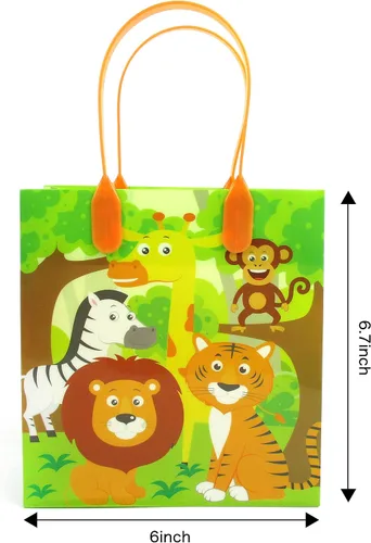 Vista 6 de TINYMILLS Bolsas de regalo con temática de animales de la selva de safari con asas, bolsas de dulces de libro de selva para fiestas de cumpleaños