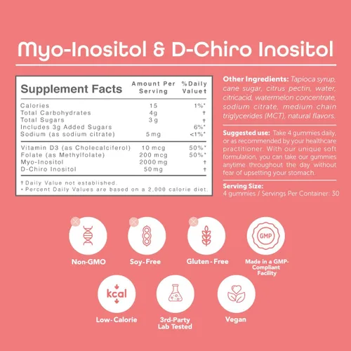 Vista 8 de kindnature Gomitas de mio-inositol y D-Chiro inositol para mujeres, 2000 mg + 50 mg, proporción ideal 40:1, con vitamina D y folato, equilibrio