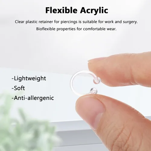 Vista 7 de Juego de 44 piezas de piercings de nariz transparentes, juego de piercings de acrílico para labios, flexible para nariz, lengua, vientre, ceja
