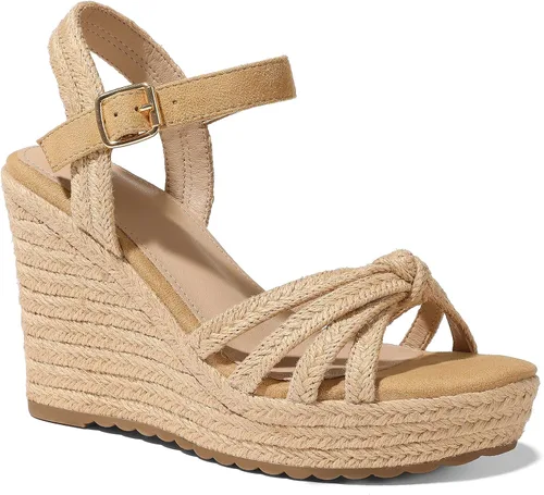 Vista 9 de mikarka Sandalias de tacón de cuña para mujer: alpargatas con plataforma de Tacón de cuña de 3.94"/Nubuck negro