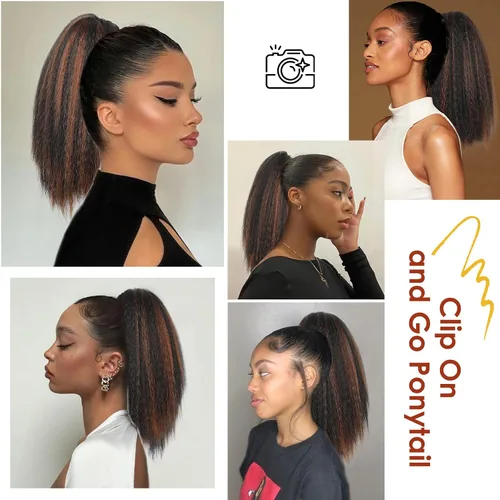 Vista 7 de WIGNEE Extensiones de cabello rizado tipo cola de caballo de 12 pulgadas, clip de garra, Yaki 1B/30, extensiones de cola de caballo para mujeres