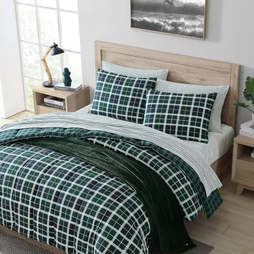 Vista 2 de Nautica - Juego de funda de edredón tamaño Queen, ropa de cama de microfibra suave reversible con fundas a juego, decoración del hogar a cuadros