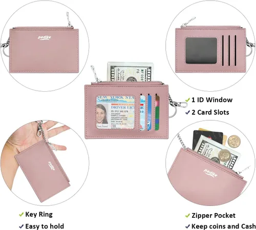 Vista 6 de Padike Portatarjetas de crédito delgado para mujer, mini bolsillo frontal, monedero, monedero, llavero (rosa bebé)