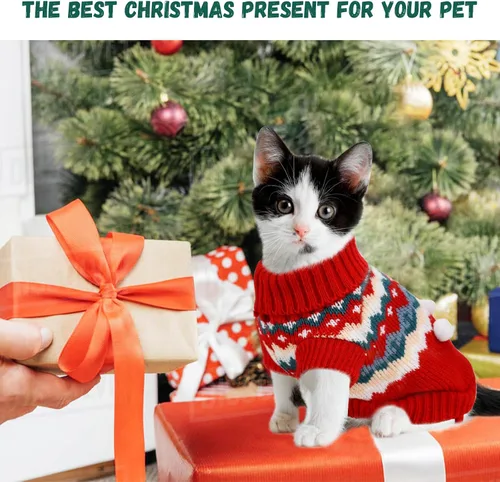 Vista 2 de 2 piezas de suéter de Navidad para cachorros, ropa de cuello alto de punto para gatos, disfraces de elfo de Navidad, ropa cálida para perros, suéter