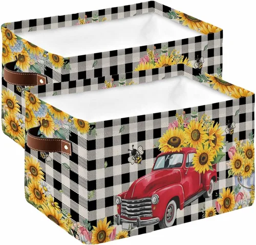 Vista 9 de 1 cesta de almacenamiento grande de tela impermeable, primavera, girasol, tulipán, abeja, floral, rectangular, caja de almacenamiento para estantes