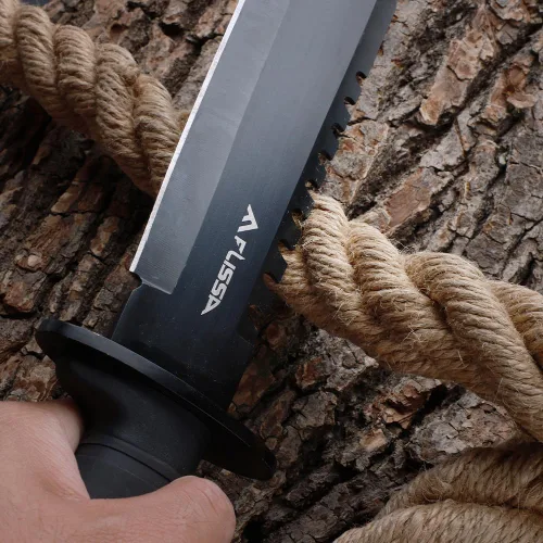 Vista 4 de Cuchillo de supervivencia y caza FLISSA con vaina, cuchillo táctico Bowie de hoja fija de 15 pulgadas con afilador y arrancador de fuego