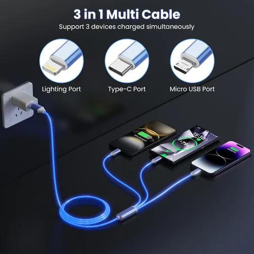Vista 3 de Cable de carga con luz LED que fluye 3 en 1 Lightning/Type C/Micro USB brillante para automóvil para iPhone, cable de carga para automóvil azul