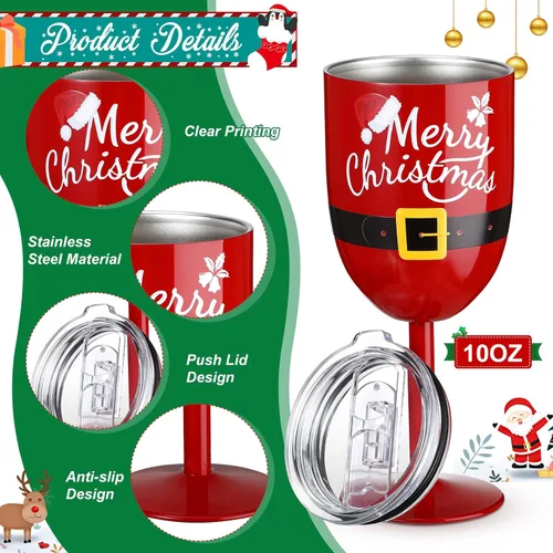 Vista 4 de Ziliny 4 copas de vino de Navidad de 10 onzas con tallo de acero inoxidable con tapas, cinturón de Papá Noel, copas irrompibles de doble pared