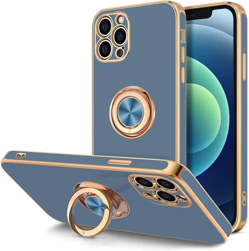 Vista 9 de Hython Funda para iPhone 12 Pro Max con Soporte de Anillo [Soporte Magnético Giratório de 360°] [Forro de Microfibra Suave] Borde Chapado en Oro