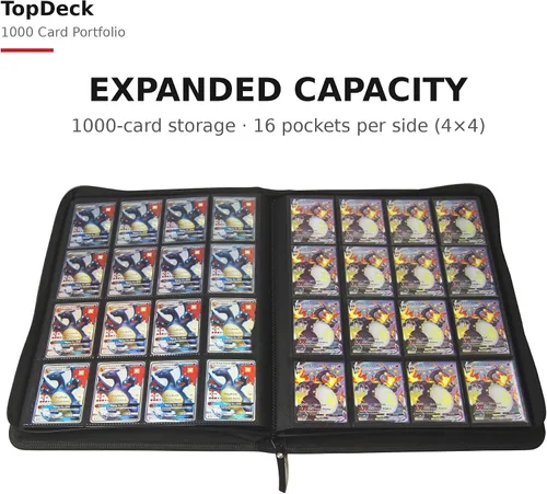 Vista 2 de Carpeta de 1000 Cartas - Portafolio TCG - Carpeta de 16 Bolsillos para Cartas - Carpeta sin Anillos Compatible con Cartas de Pokémon, Yu-Gi-Oh Negro