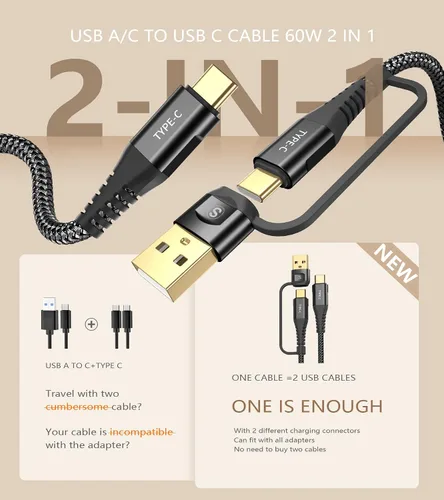 Vista 2 de Cable USB C a USB C de 6.6 pies PD 60 W iPhone 16 cargador 2 en 1 USB tipo A/C a tipo C cable trenzado de nailon para iPhone 15 16 Plus Pro Max iPad
