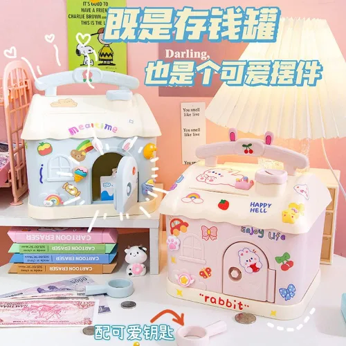 Vista 5 de Alcancía Kawaii con calcomanías y parches, banco de dinero Kawaii para papel y monedas, bonita caja de almacenamiento de artículos para la escuela