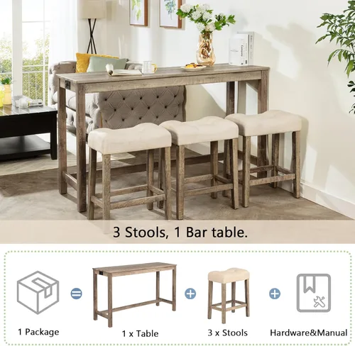 Vista 7 de Juego de mesa y sillas de barra de altura de mostrador de 4 piezas con toma de corriente, mesa de comedor rectangular estrecha con 3 taburetes
