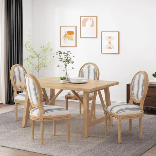 Vista 2 de Christopher Knight Home - Juego de sillas para comedor, modelo Phinnaeus, juego de 4, madera, rayas azul oscuro + beige claro + natural