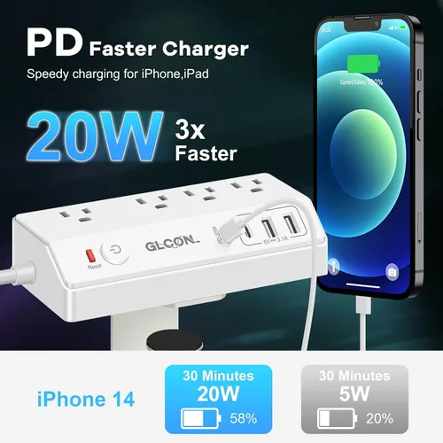 Vista 3 de Regleta de alimentación USB C 20 W PD – Protector de sobretensiones extraíble con 4 tomacorrientes 4 puertos USB – Enchufe multitoma de corriente