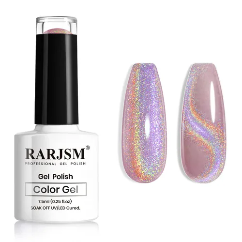 Vista 13 de RARJSM Esmalte de uñas de gel con purpurina holográfica plateada, efecto arcoíris galáctico, universal, sin imán, para secado con lámpara UV o LED