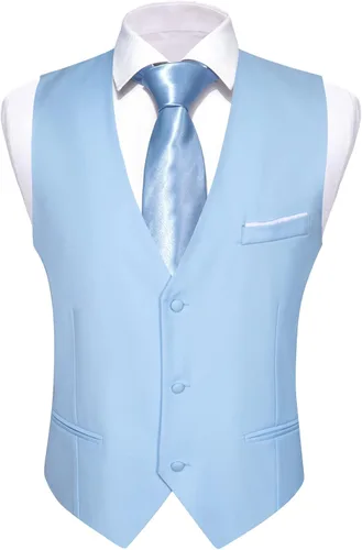 Vista 2 de Barry.Wang Chaleco de traje para hombre, ajustado, cuello en V, 2 bolsillos, color sólido, vestido formal de esmoquin de negocios, boda, fiesta