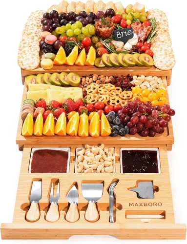 Vista 10 de Juego de tablas de charcutería extra grandes de 33.7 x 15.7 pulgadas, juego de tabla de queso y cuchillos 100% de bambú, bandeja de plato de queso