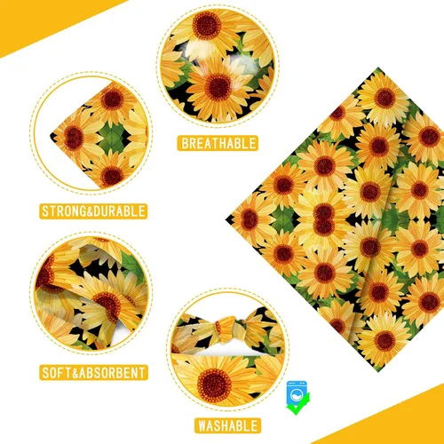 Vista 3 de Pañuelo de girasol con hojas para perro, bufanda lavable para mascotas, pañuelo ajustable triangular, estampado de doble cara, negro, girasol