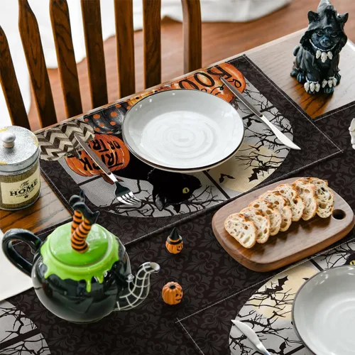 Vista 3 de Artoid Mode Boo - Juego de 4 manteles individuales de Halloween con diseño de calabazas de gato negro, 12 x 18 pulgadas, para decoración de fiestas