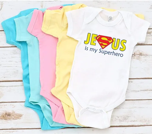 Vista 6 de TripleBDesigns Jesus is my Superhero Christian Baptism Religioso - Mameluco para bebé recién nacido