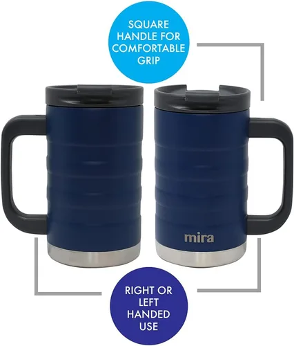 Vista 6 de MIRA Taza de café aislada de 14 onzas con asa, termo de acero inoxidable con tapa segura, taza para bebidas calientes y frías, azul almirante